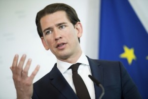 Austrian Chancellor Sebastian Kurz, adresses the media with European Union chief Brexit negotiator Michel Barnier at the federal chancellery in Vienna, Austria, Wednesday, Feb. 28, 2019. (AP Photo/Michael Gruber)